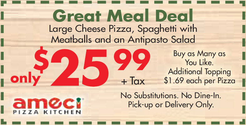 Amici's East Coast Pizzeria Printable Coupon Great Meal Deal: Large Cheese Pizza, Spaghetti with Meatballs and an Antipasto Salad for $25.99 Only