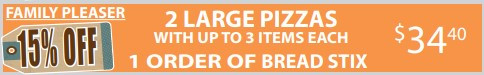 B.C. Pizza Printable Coupon Enjoy 15% Off Family Pleaser Deal (2 Large 3-Topping Pizzas & 1 Order of Bread Stix)