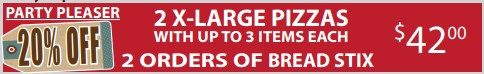 B.C. Pizza Printable Coupon Enjoy 20% Off Party Pleaser (2 XL 3-Topping Pizzas & 2 Orders of Bread Stix)