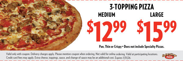 East of Chicago  Printable Coupon Get 3-Topping Pizza (Medium) for $12.99, (Large) for $15.99