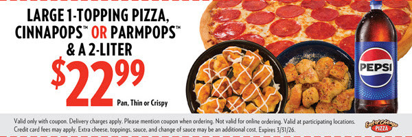 East of Chicago  Printable Coupon Large 1-Topping Pizza & CinnaPops/ParmPops and 2 Liter for just $22.99