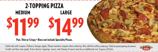 East of Chicago  Printable Coupon Get Medium 2-Topping Pizza for $11.99 OR Large 3-Topping Pizza for $14.99