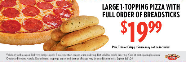 East of Chicago  Printable Coupon Large 1-Topping Pizza & Breadsticks for $19.99