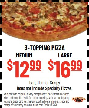 East of Chicago  Printable Coupon Get 3-Topping Pizza (Medium) for $12.99 OR (Large) for $16.99