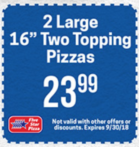 Five Star Pizza Printable Coupon 2 Large 16