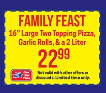 Five Star Pizza Printable Coupon Large 2-Topping Pizza, Garlic Rolls, Soda Brownies & 2L Soda for $22.99