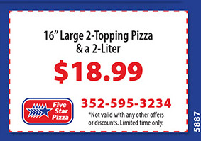 Five Star Pizza Printable Coupon One Large 16