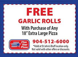 Five Star Pizza Printable Coupon Buy Any Extra Large Pizza & Get ree Garlic Rolls