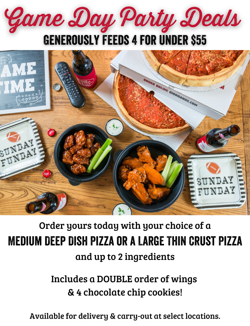 Giordano's Pizza Printable Coupon Game Day Party Deal: Pizza, Double Wings, and 4 Cookies for $55
