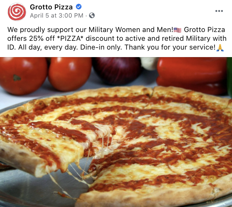 Grotto Pizza Printable Coupon Military Discount: 25% Off for Active & Retired Military (Dine-in Only)