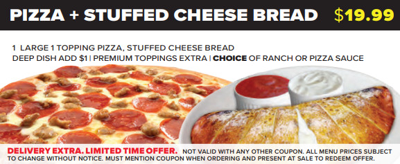 Happy's Pizza Printable Coupon Get a Large 1 Topping Pizza and Stuffed Cheese Bread for $19.99