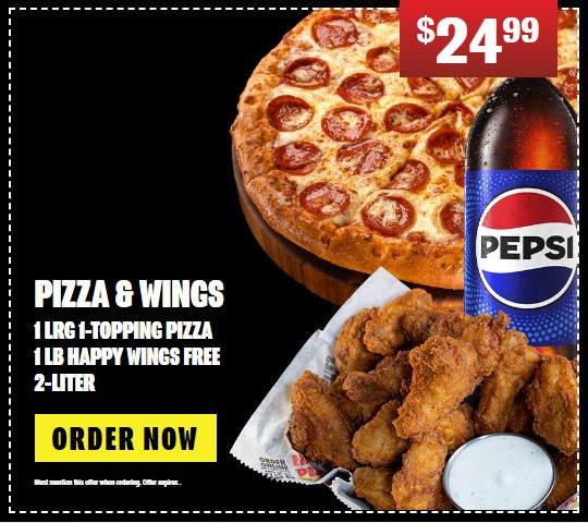 Happy's Pizza Printable Coupon Get 1 Large 1-Topping Pizza, 1 lb Happy Wings + Free 2-Liter for $24.99