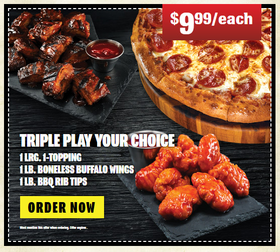 Happy's Pizza Printable Coupon 1 Large 1-Topping Pizzam 1 lb. Boneless Buffalo Wings, 1 lb. BBQ Rib Tips for $9.99 Each