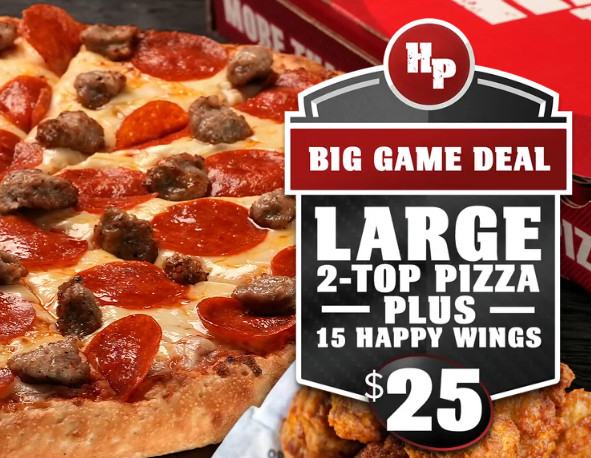 Happy's Pizza Printable Coupon Get 1 Large 2-topping Pizza and 15 Happy Wings for $25