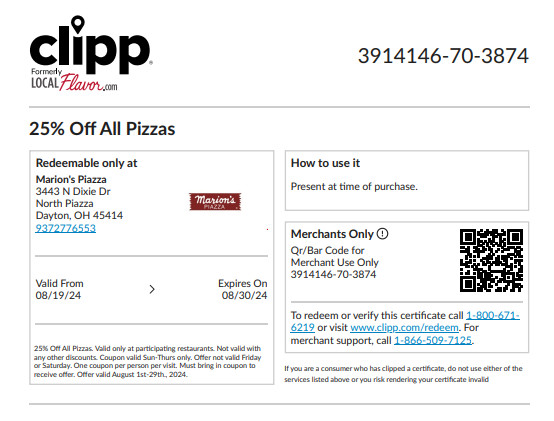 Marion's Piazza Printable Coupon 25% Off All Pizzas