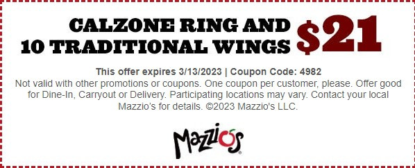 Mazzio's Printable Coupon Get a Calzone Ring and 10 Traditional Wings for $21