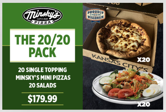 Minsky's Pizza Printable Coupon 20/20 Pack: 20 Single Topping Mini Pizzas with 20 Salads For Only $179.99