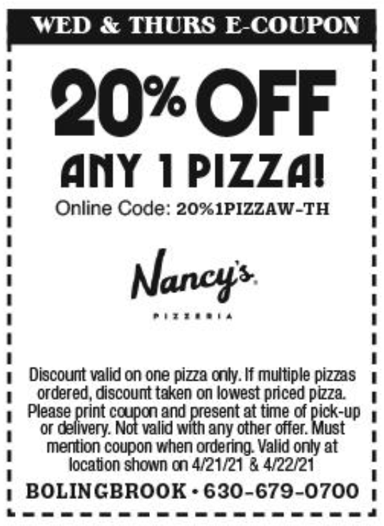 Nancy's Pizza Printable Coupon 20% Off Any Pizza!