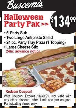 Original Buscemis Pizza Printable Coupon 6' Party Sub, 2 Large Antipasto Salads, One 24 pc Party Tray Pizza, 1 Large Cheese Stix for $134.99