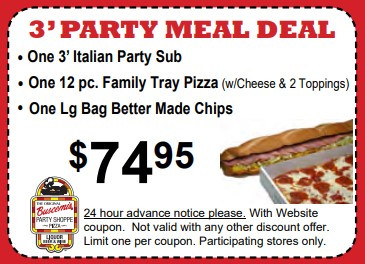 Original Buscemis Pizza Printable Coupon 3' Party Meal Deal: One 3' Italian Sub, 1 Large Salad, One 12pc Pizza Tray, 1 Large Chips Only $74.95