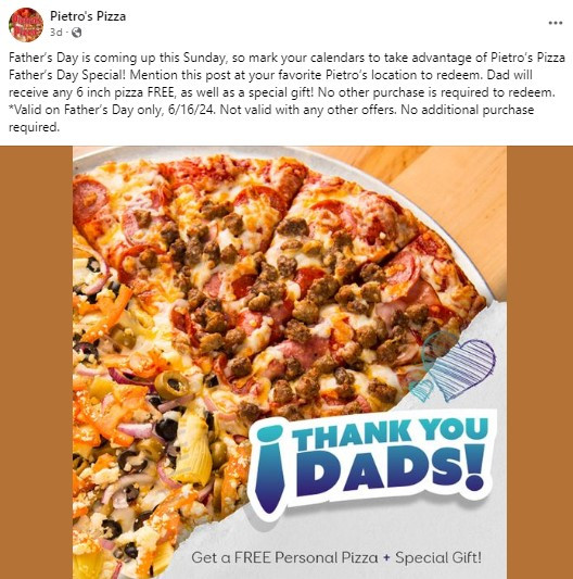 Pietro's Pizza Printable Coupon [Father's Day] Free 6