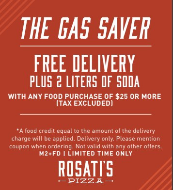 Rosati's Pizza Printable Coupon Get Free Delivery and 2 Liter with $25 Orders