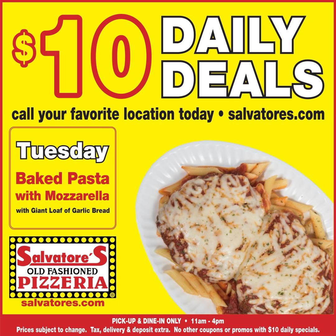 Salvatore's Pizzeria Printable Coupon Order a Baked Pasta with Mozzarella for $10 Only