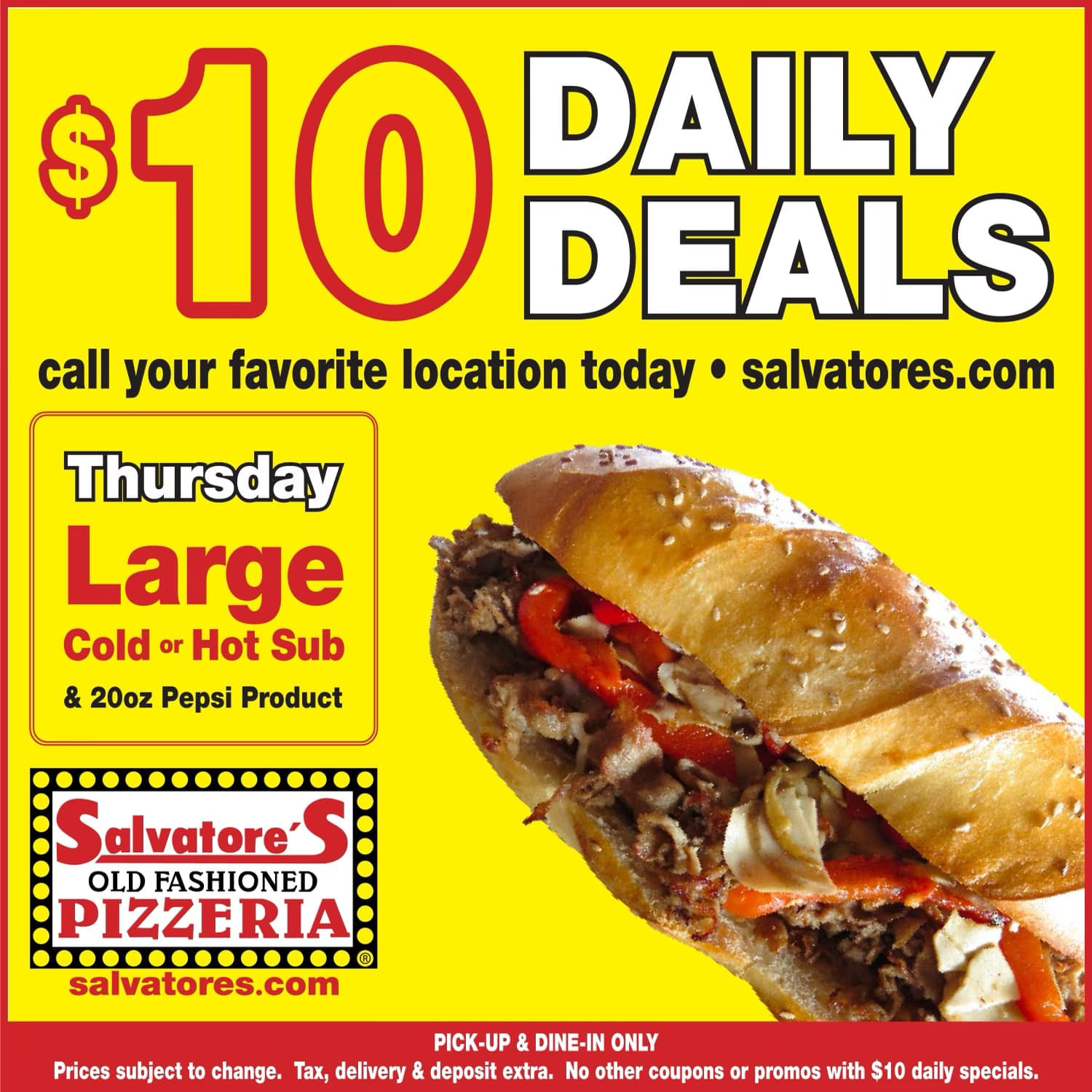 Salvatore's Pizzeria Printable Coupon Get Large Cold or Hut Sub and 20 Oz Pepsi for $10