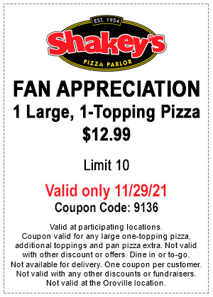 Shakey's Pizza Printable Coupon Fan Appreciation (November 29th Only) - Get a Large 1 topping Pizza for $12.99
