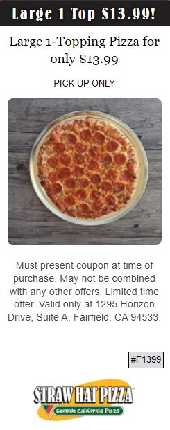 Straw Hat Pizza Printable Coupon Large 1-Topping Pizza for Only $13.99