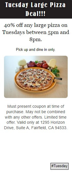 Straw Hat Pizza Printable Coupon Tuesday Deal: Enjoy 40% Off Any Large Pizza Between 5pm-8pm