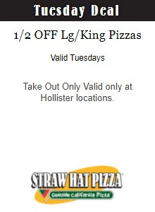 Straw Hat Pizza Printable Coupon Take Out Deal: Enjoy 50% Off King Pizzas every Tuesday