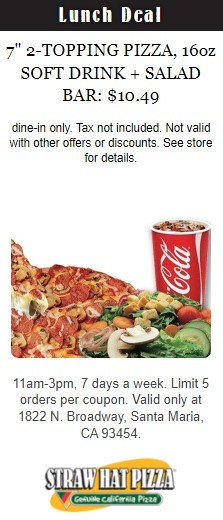 Straw Hat Pizza Printable Coupon Lunch Deal: 7